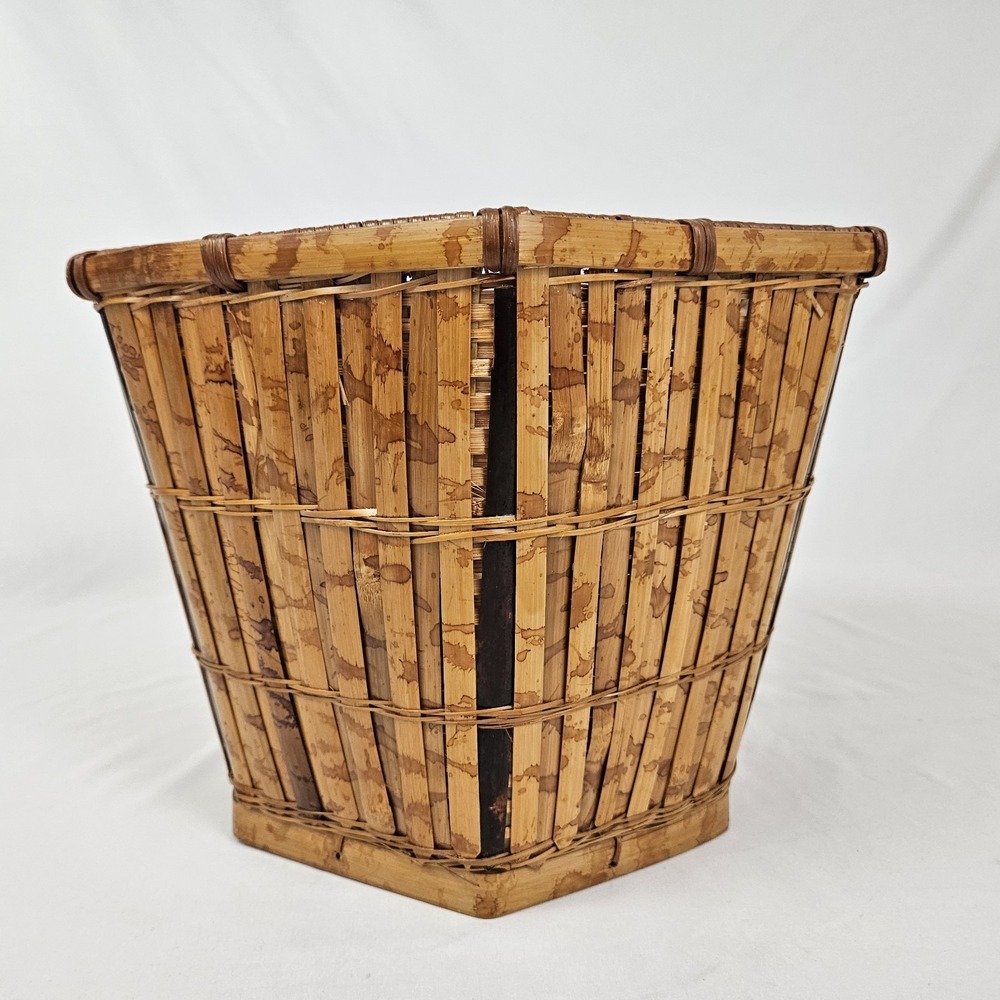 Vintage Tortoiseshell Bamboo Basket Planter Wastepaper Trash Can Boho MCM Rattan - Picture 7 of 10